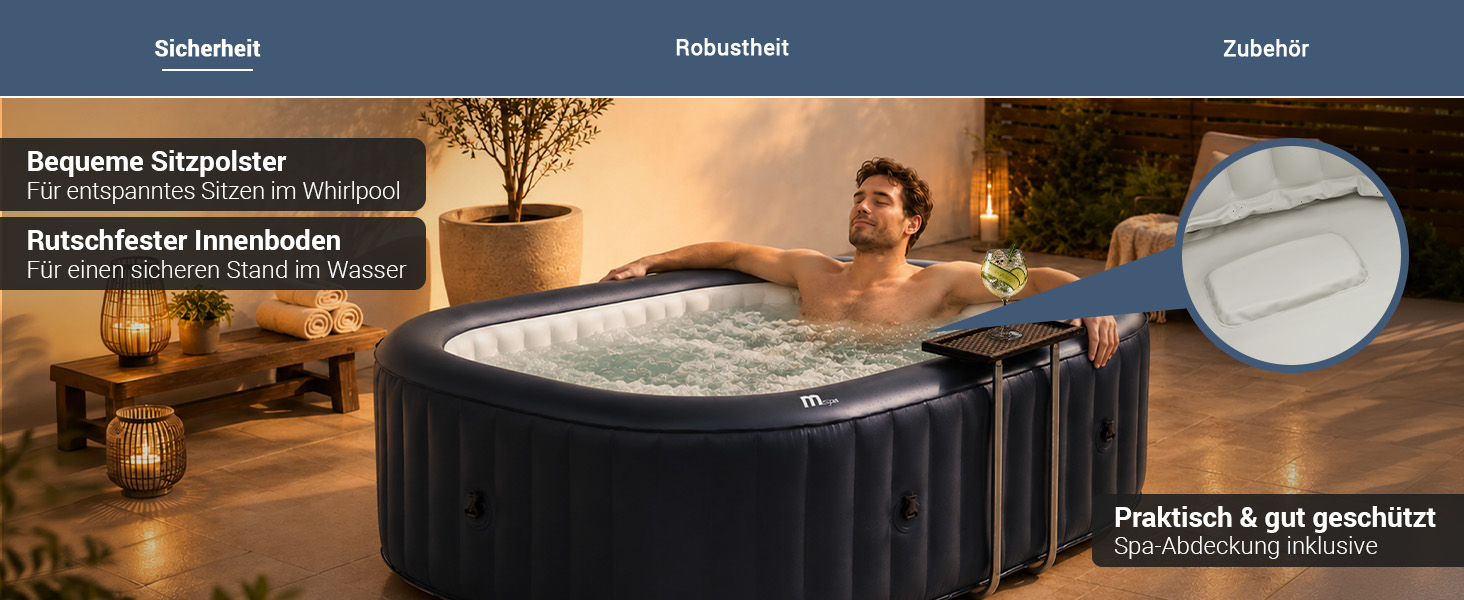 Aufblasbarer Whirlpool mit einer entspannenden Person. Hervorgehoben werden bequeme Sitzpolster, ein rutschfester Innenboden f&uuml;r sicheren Stand sowie die mitgelieferte Spa-Abdeckung zum Schutz des Whirlpools.